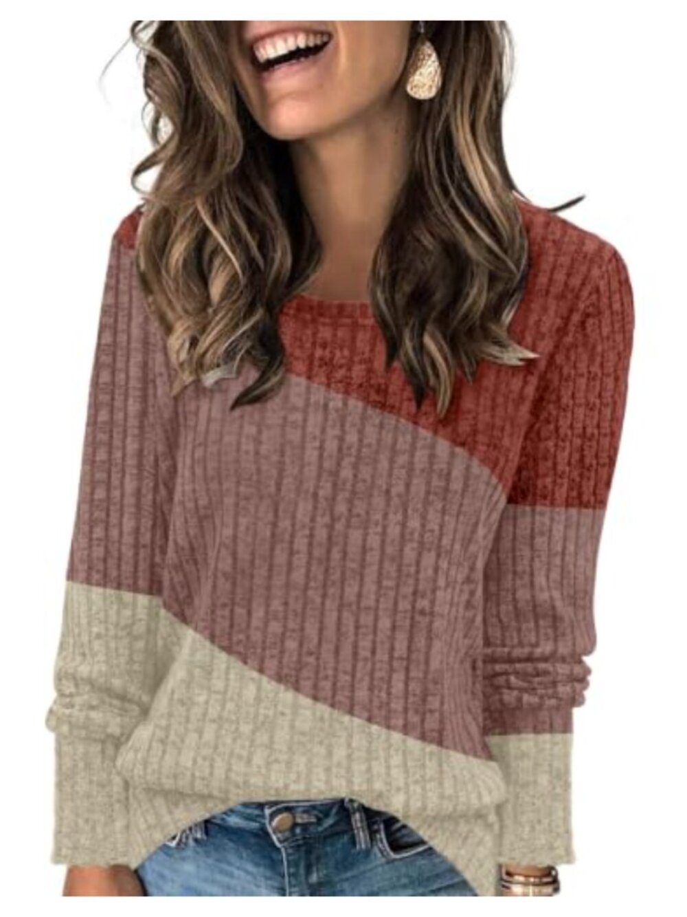 AYIFU Women's Color Block Crewneck Tunic Sweater Long Sleeve Ribbed Knit